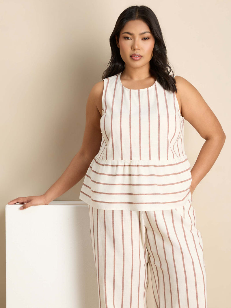 Oatmeal Striped Linen Blend Peplum Top Co-Ord Set Plus Size Curve
