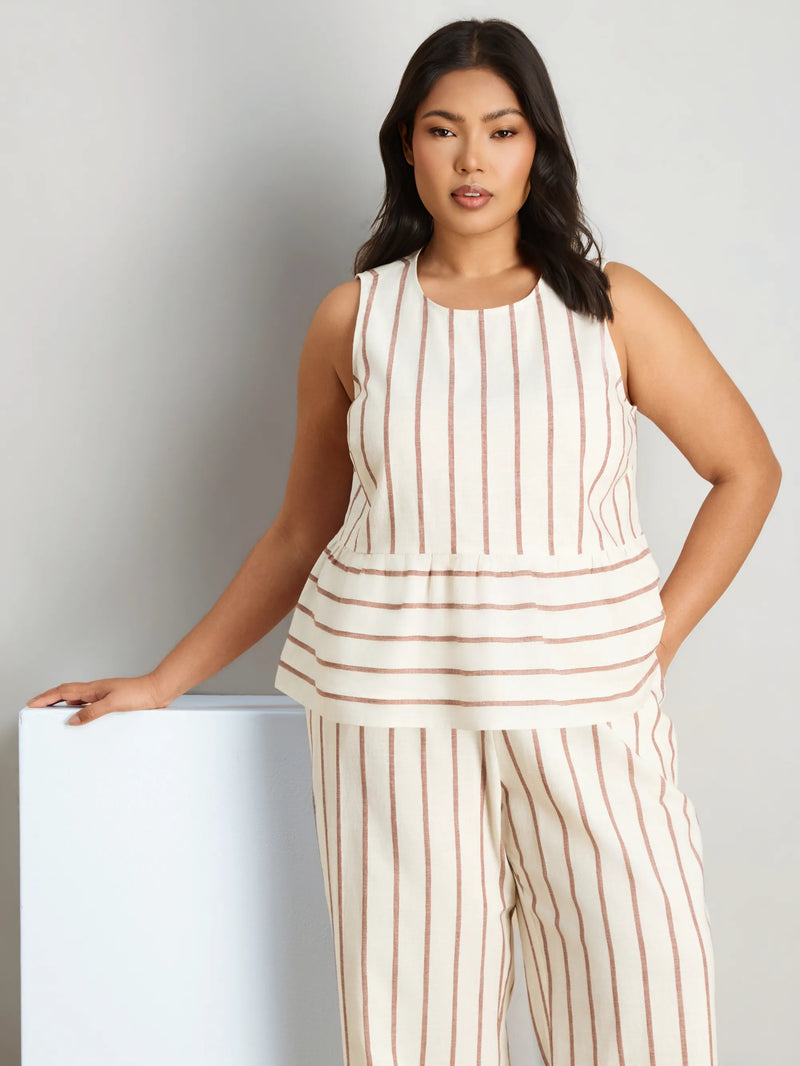 Oatmeal Striped Linen Blend Peplum Top