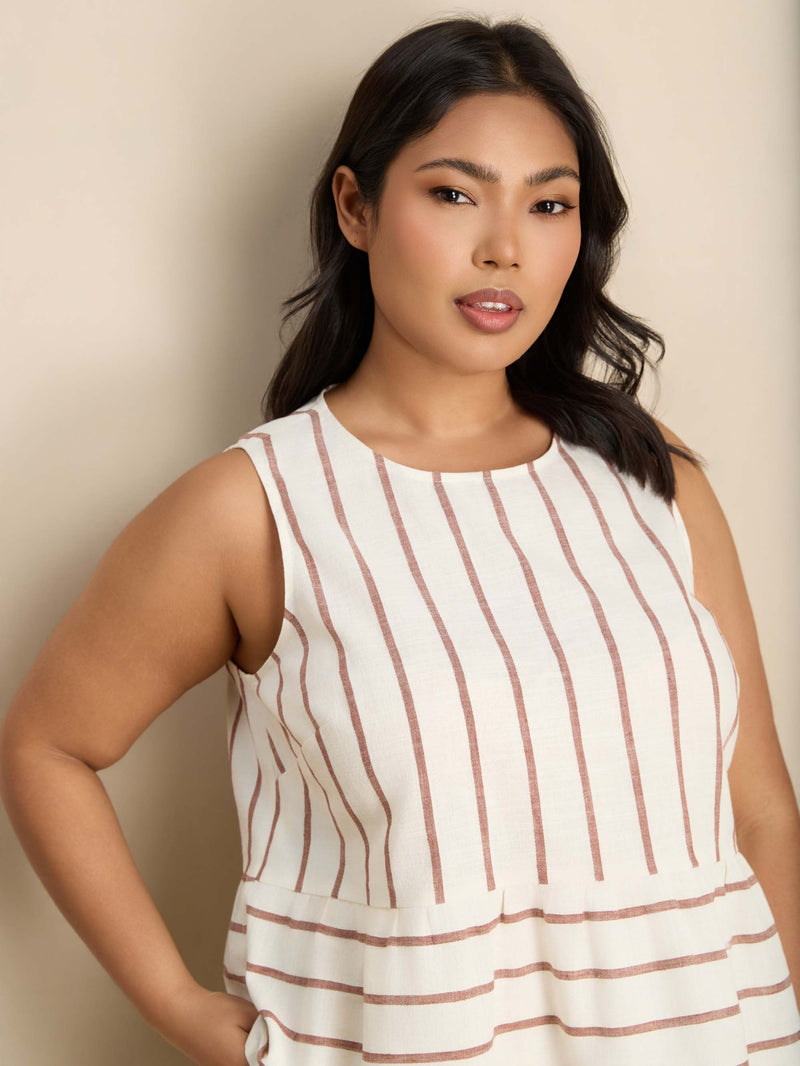 Oatmeal Striped Linen Blend Peplum Top Co-Ord Set Plus Size Curve