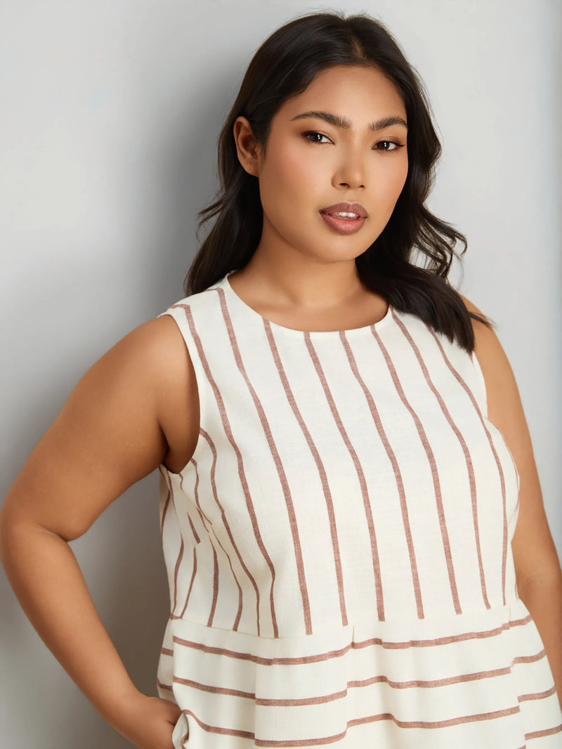 Oatmeal Striped Linen Blend Peplum Top