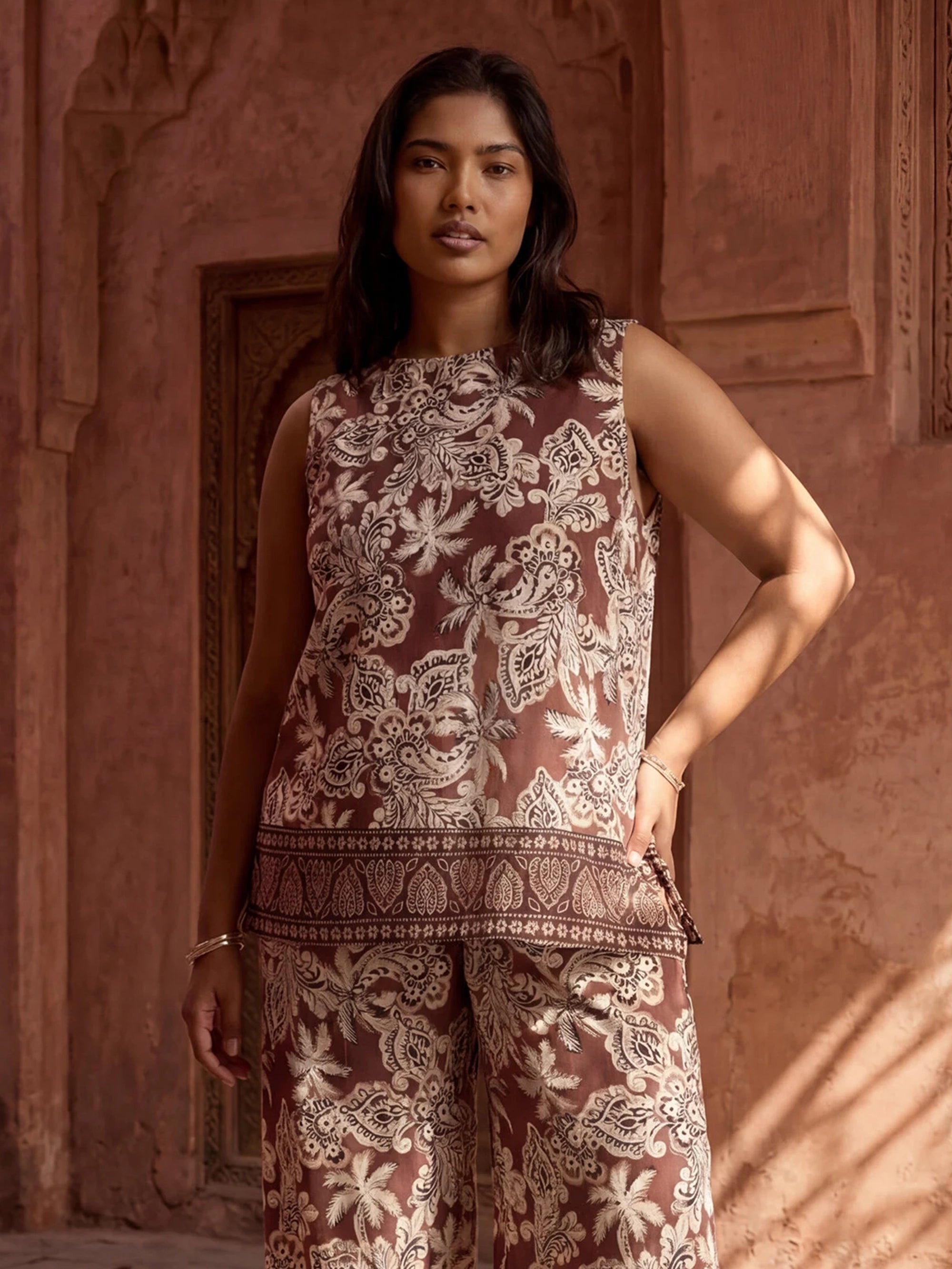 Brown Paisley Border Placement Print Sleeveless Top