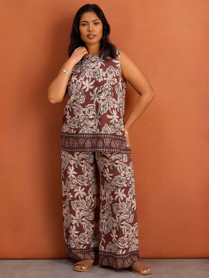 Brown Floral Print Sleeveless Top