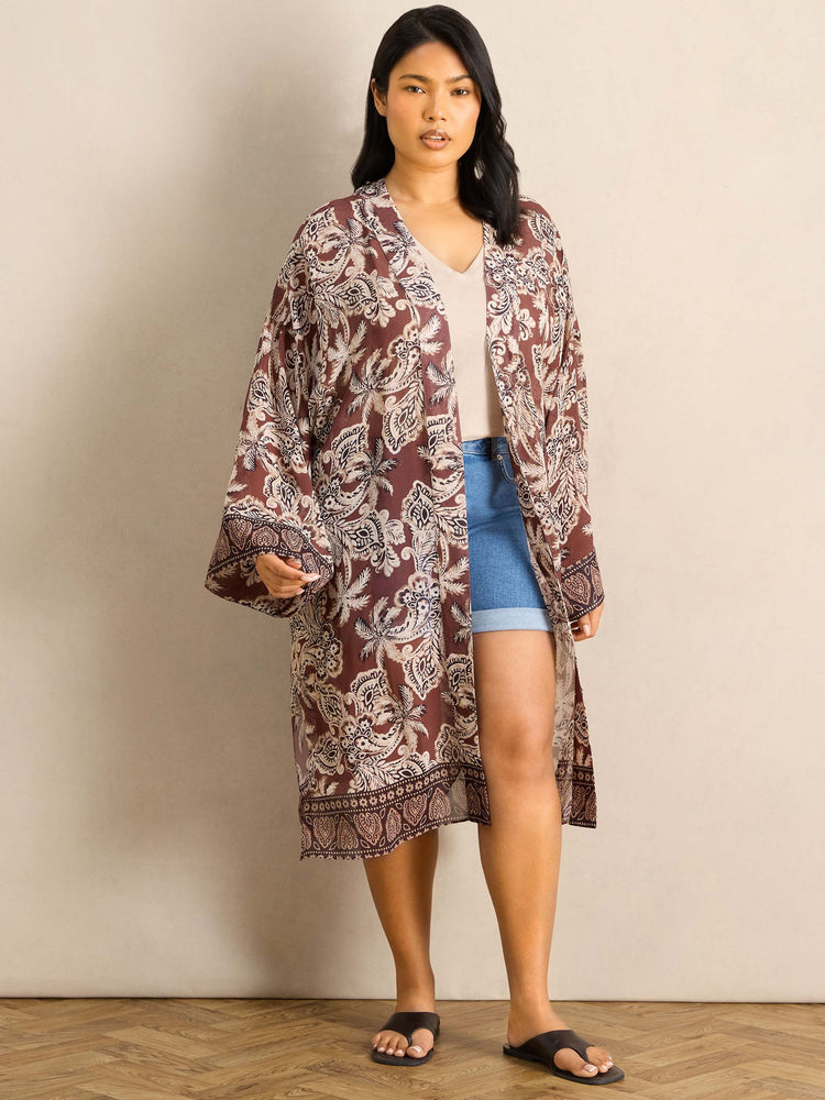 Brown Floral Printed Kimono