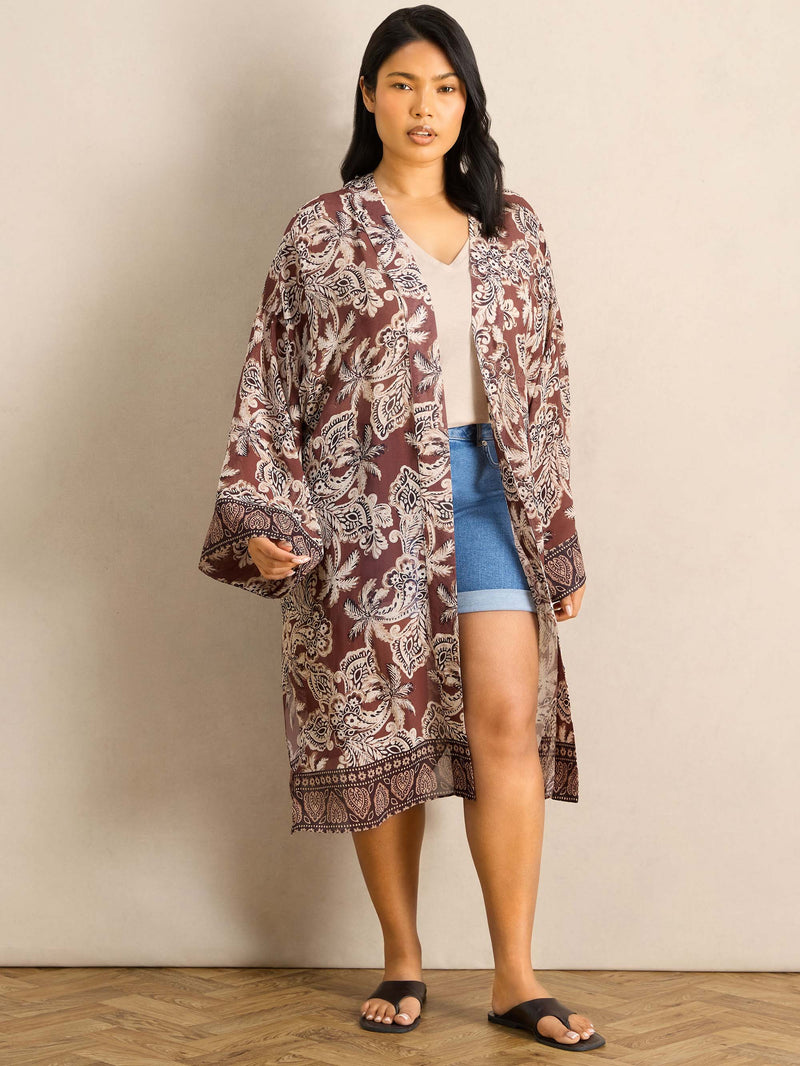 Brown Floral Printed Kimono