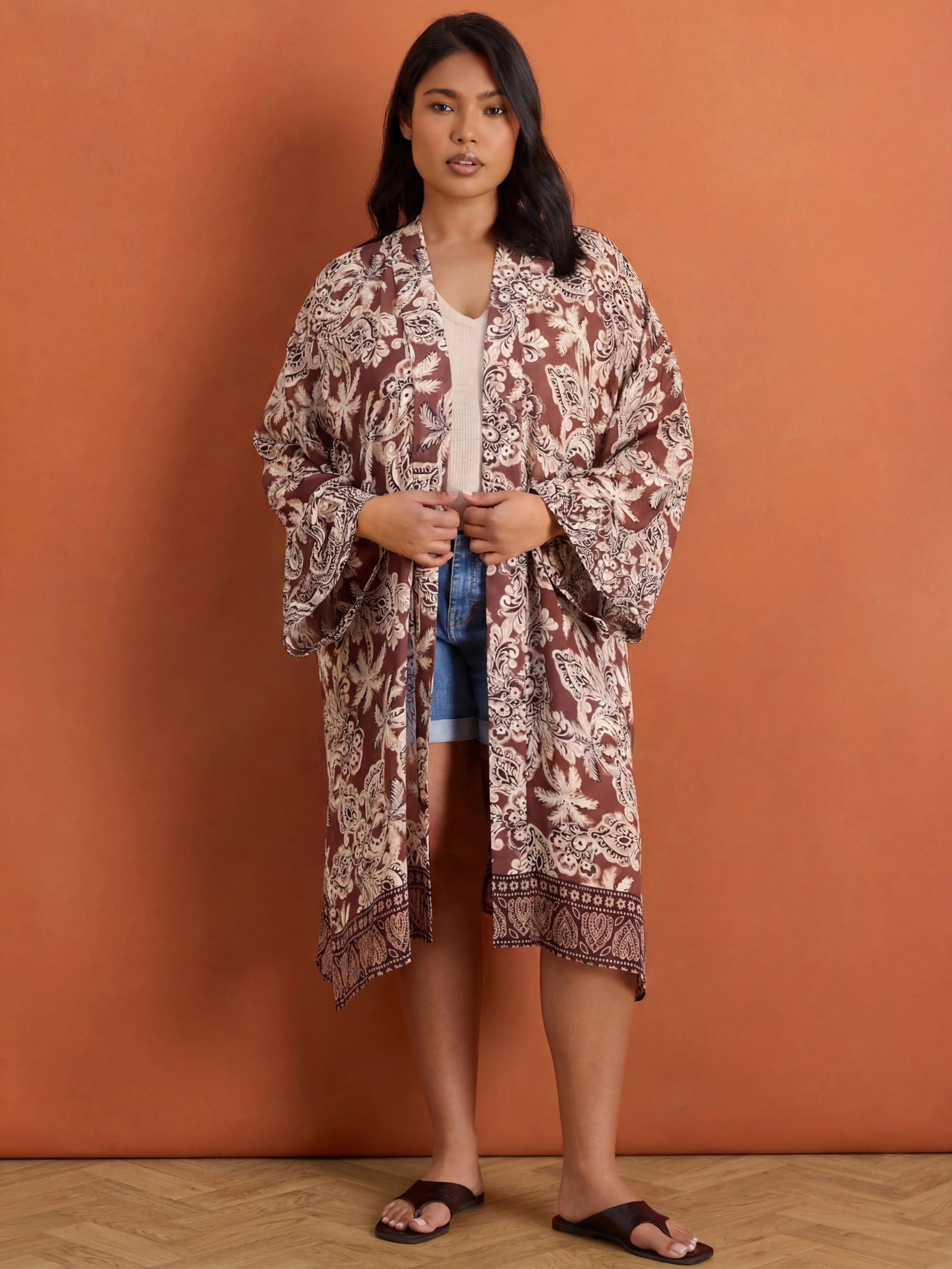 Brown Paisley Placement Printed Kimono