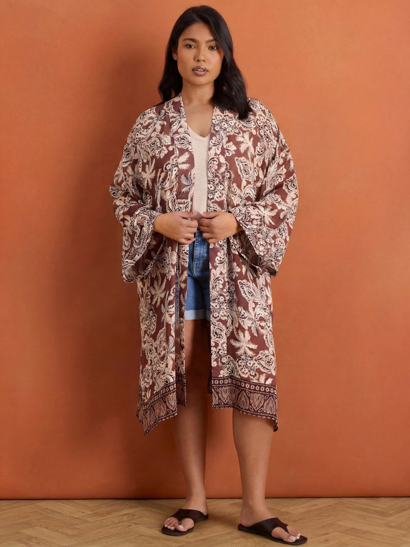 Brown Paisley Placement Printed Kimono