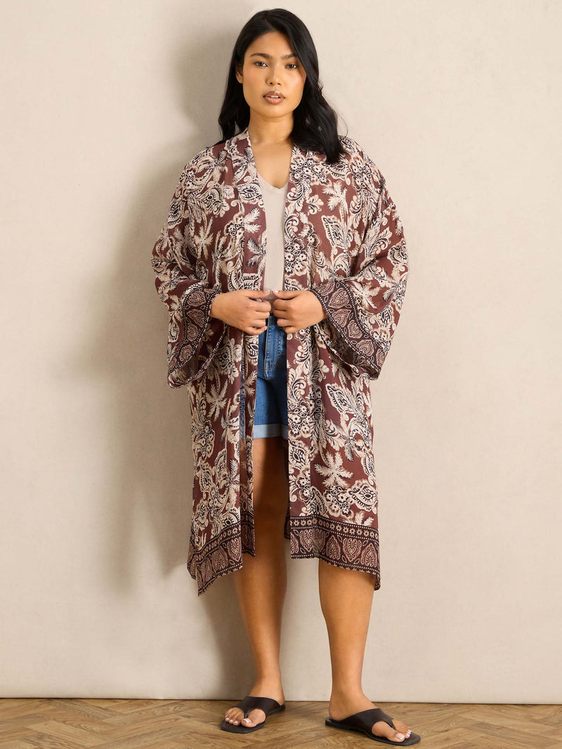 Brown Floral Printed Kimono