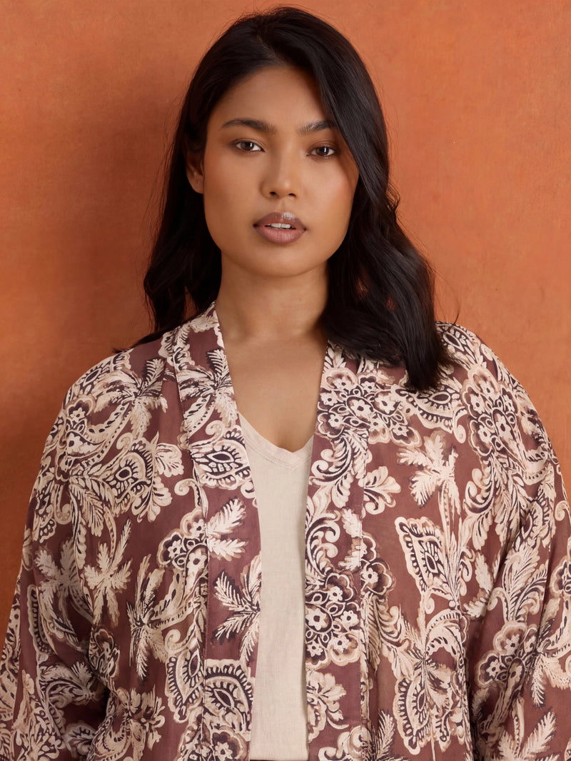 Brown Paisley Placement Printed Kimono