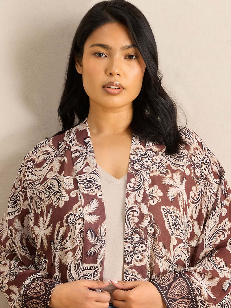 Brown Floral Printed Kimono
