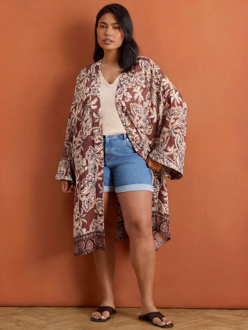 Brown Paisley Placement Printed Kimono