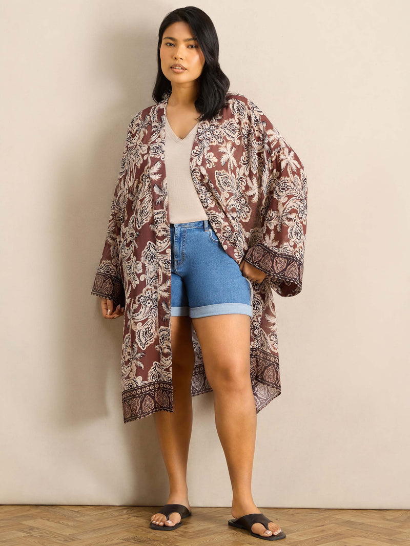 Brown Floral Printed Kimono