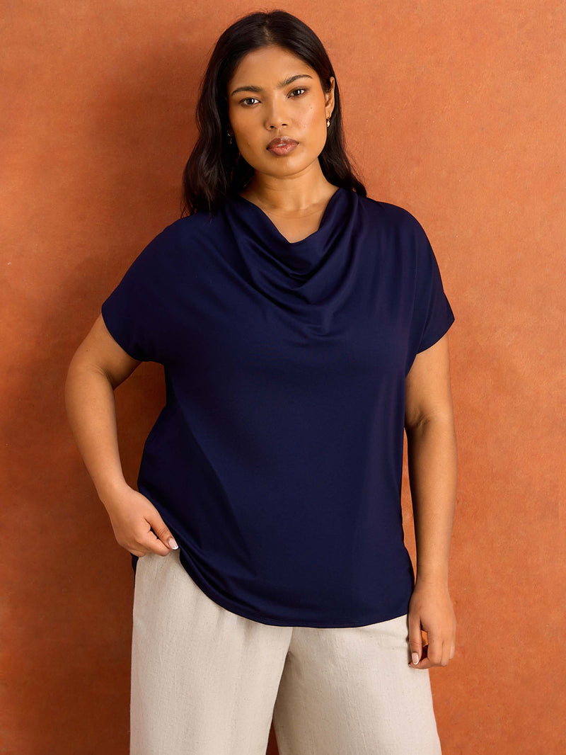 Navy Jersey Cowl Neck Short Sleeve Top Plus Size