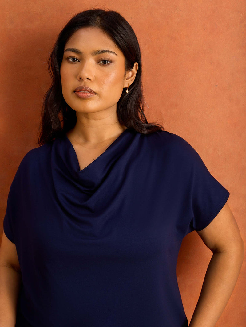 Navy Jersey Cowl Neck Short Sleeve Top Plus Size