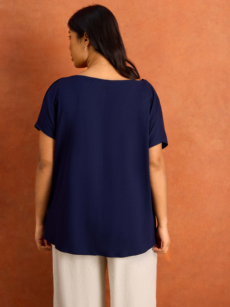 Navy Jersey Cowl Neck Short Sleeve Top Plus Size