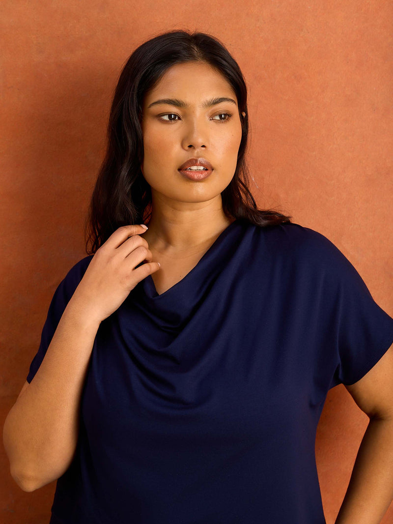 Navy Jersey Cowl Neck Short Sleeve Top Plus Size