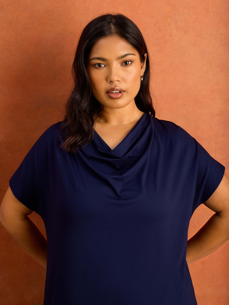 Navy Jersey Cowl Neck Short Sleeve Top Plus Size