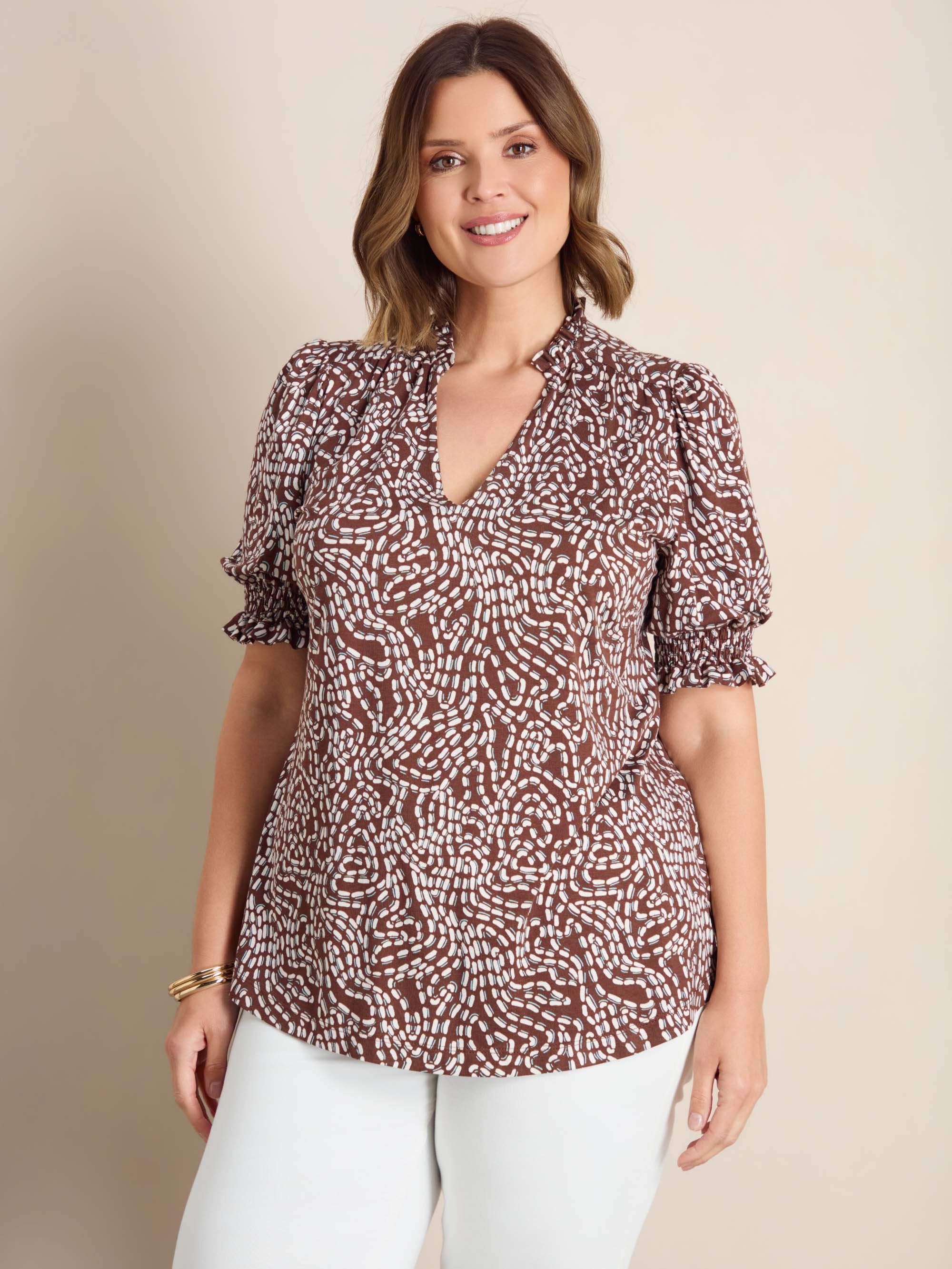 Brown Abstract Print Short Sleeve Jersey Top