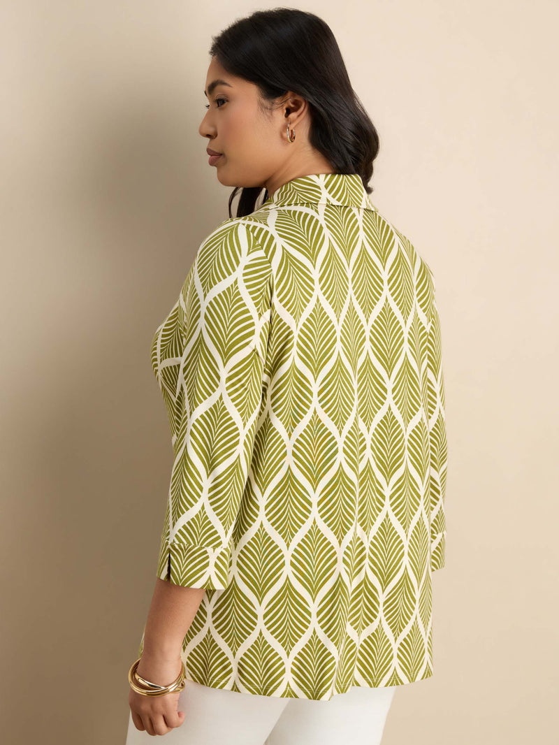 Chartreuse  Print 3/4 Sleeve Collared V-Neck Jersey Top Plus Size Curve