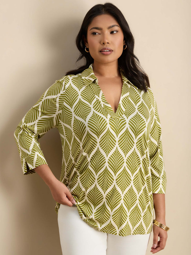 Chartreuse  Print 3/4 Sleeve Collared V-Neck Jersey Top Plus Size Curve
