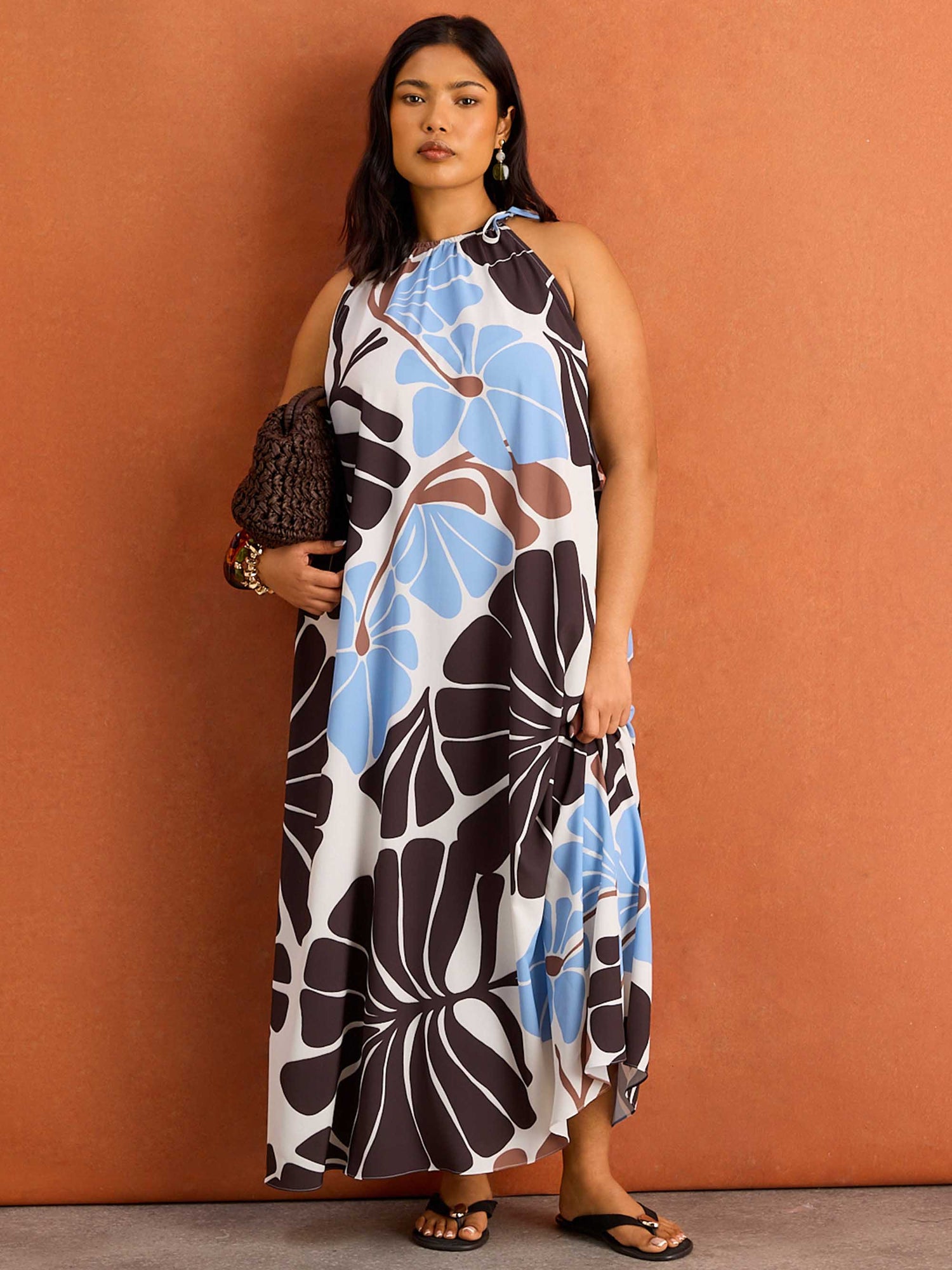 Brown And Blue Floral Print Halter Neck Maxi Dress