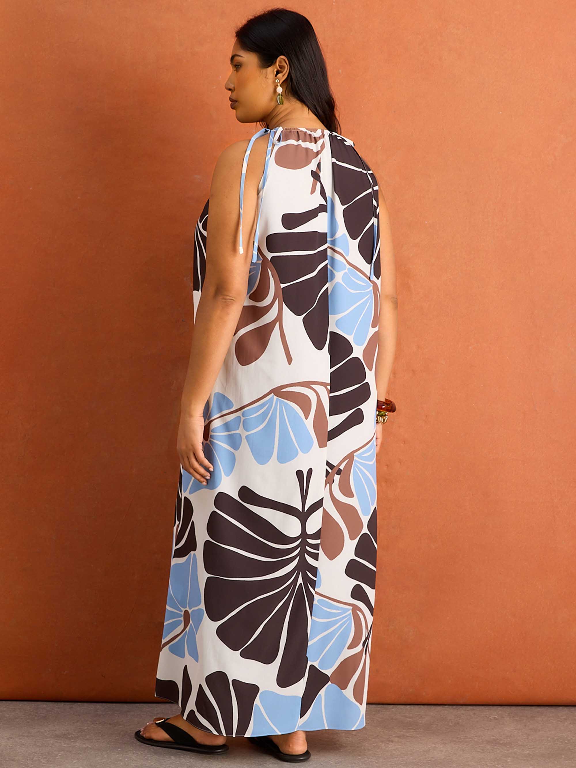 Brown And Blue Floral Print Halter Neck Maxi Dress