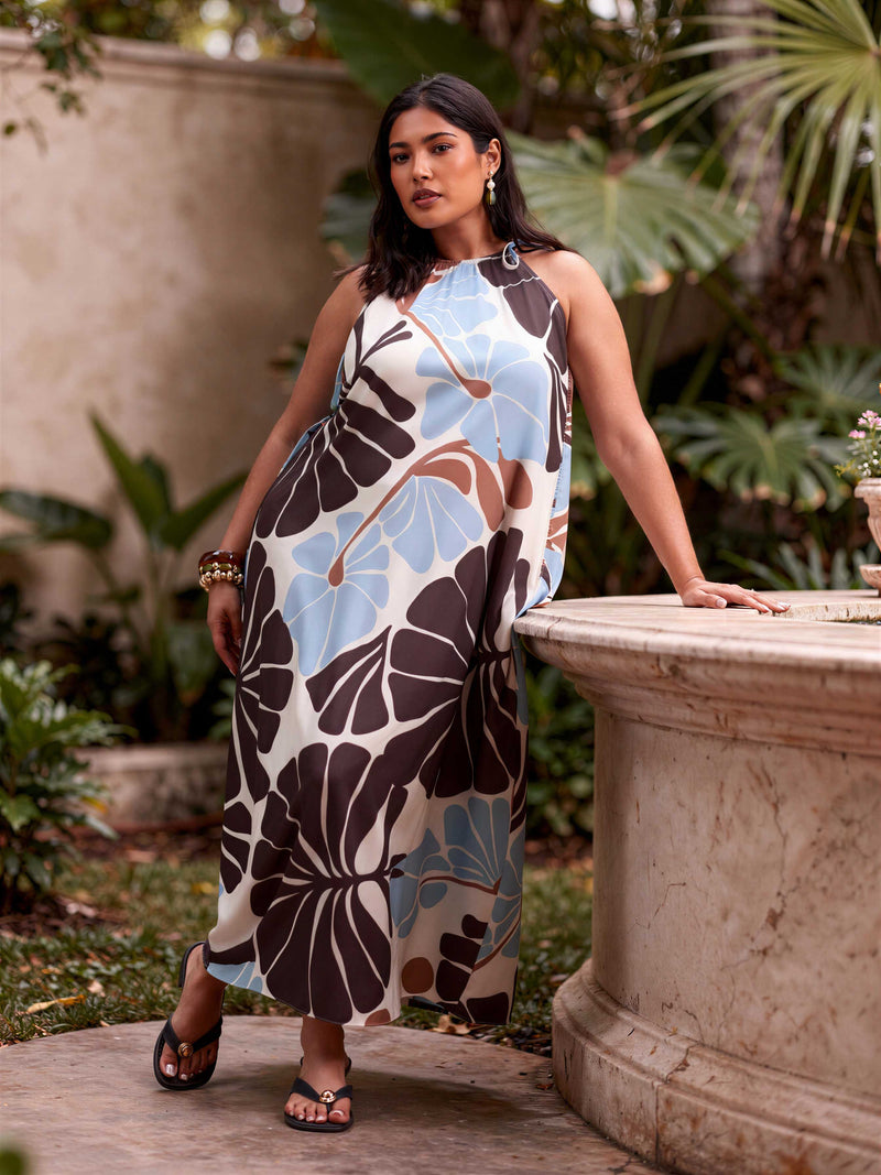 Brown And Blue Floral Print Halter Neck Maxi Dress