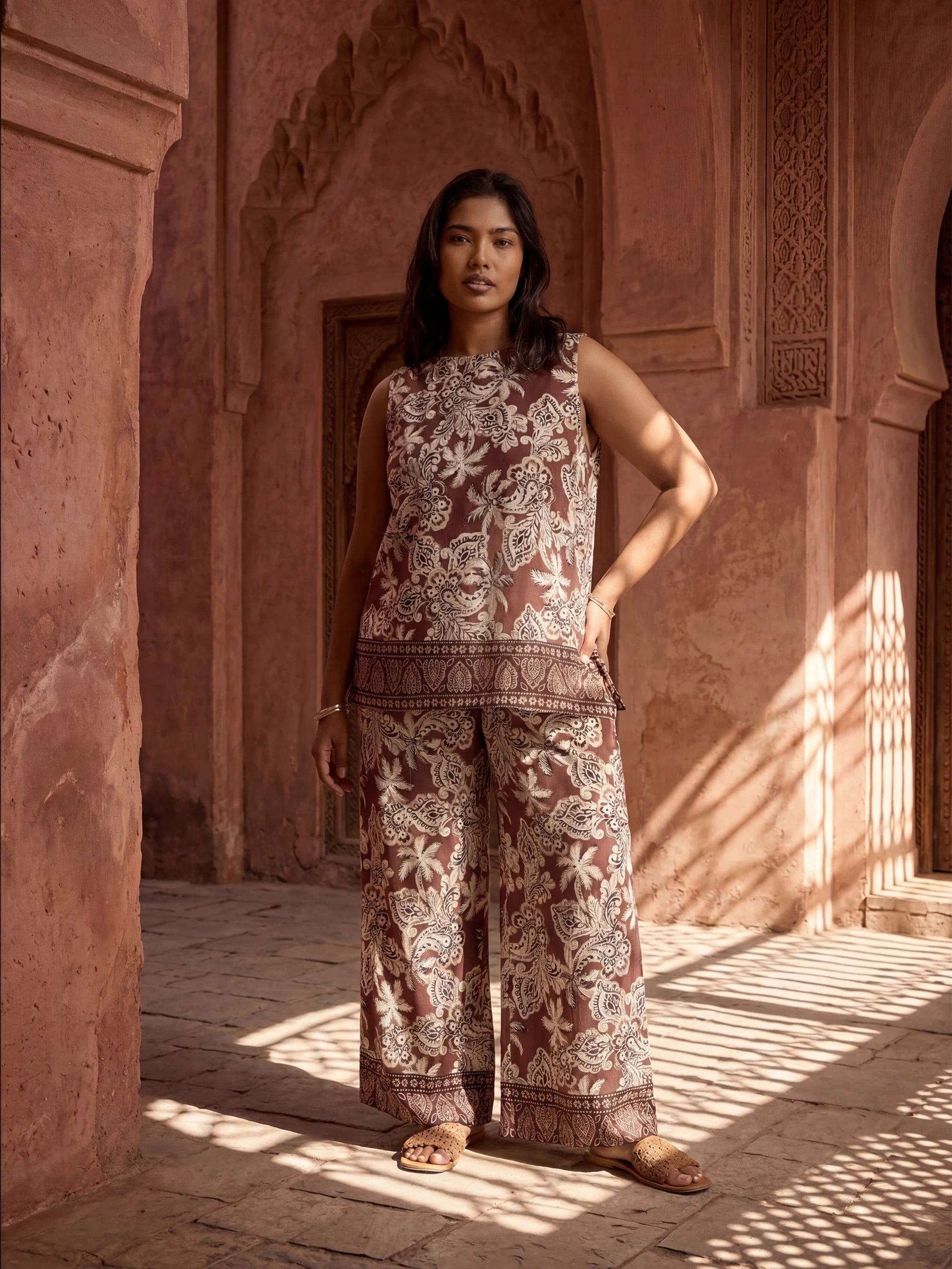 Brown Paisley Border Print Wide Leg Trousers