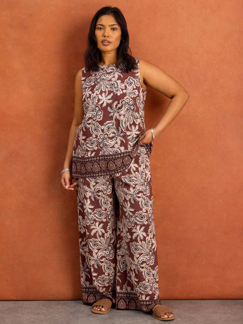 Brown Floral Drawstring Wide Leg Trousers