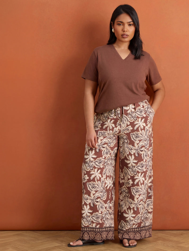 Brown Paisley Border Print Wide Leg Trousers