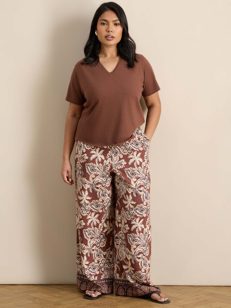 Brown Floral Drawstring Wide Leg Trousers