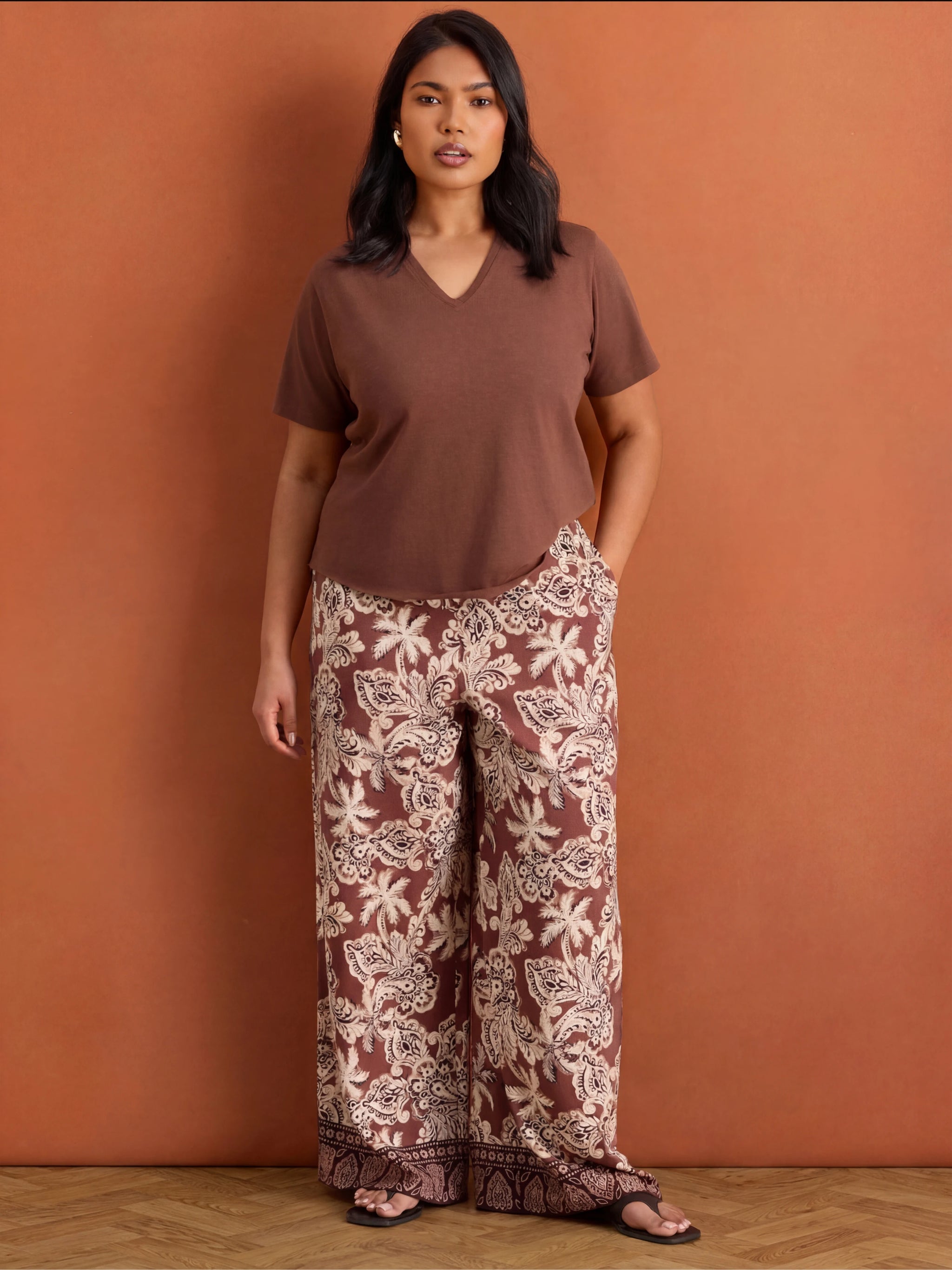 Brown Paisley Border Print Wide Leg Trousers