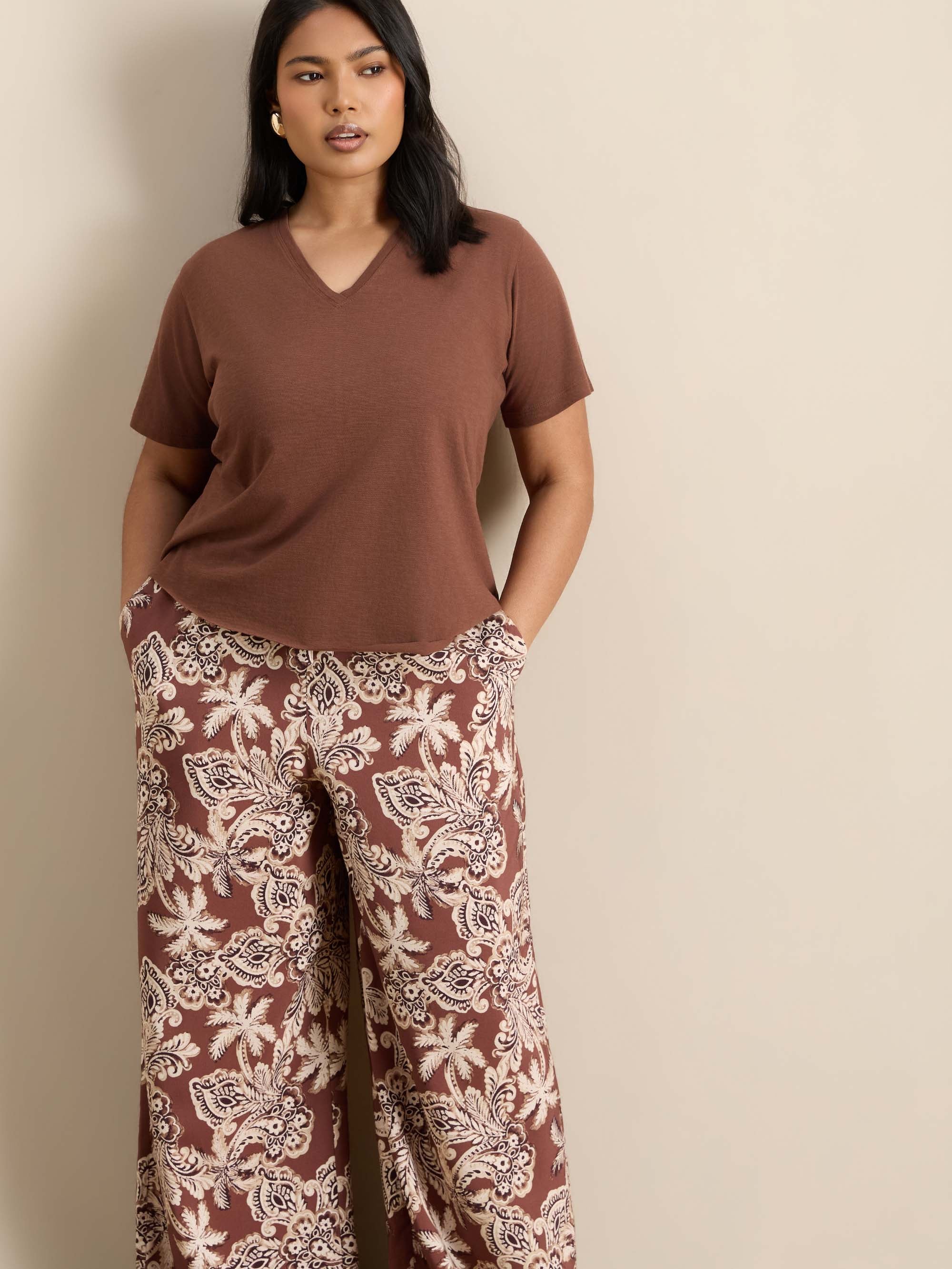 Brown Floral Drawstring Wide Leg Trousers
