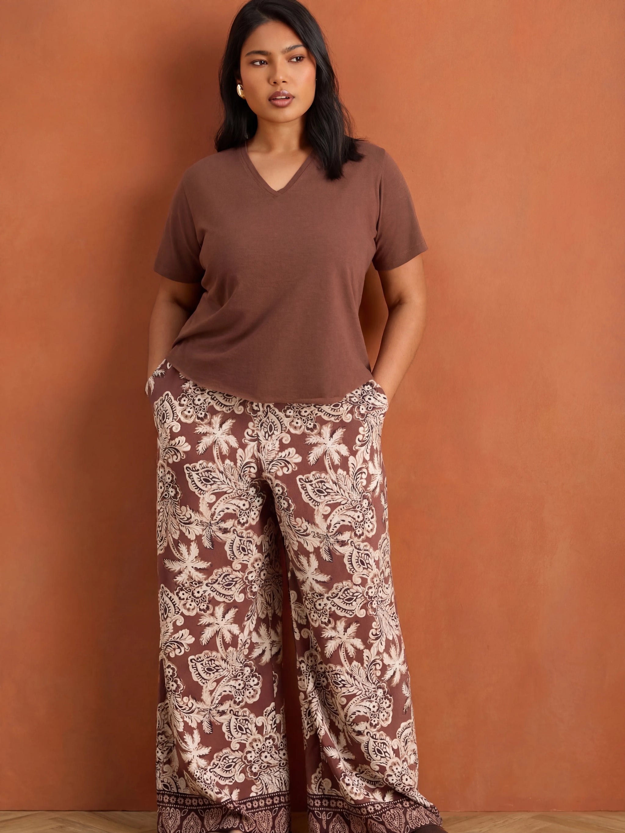 Brown Paisley Border Print Wide Leg Trousers