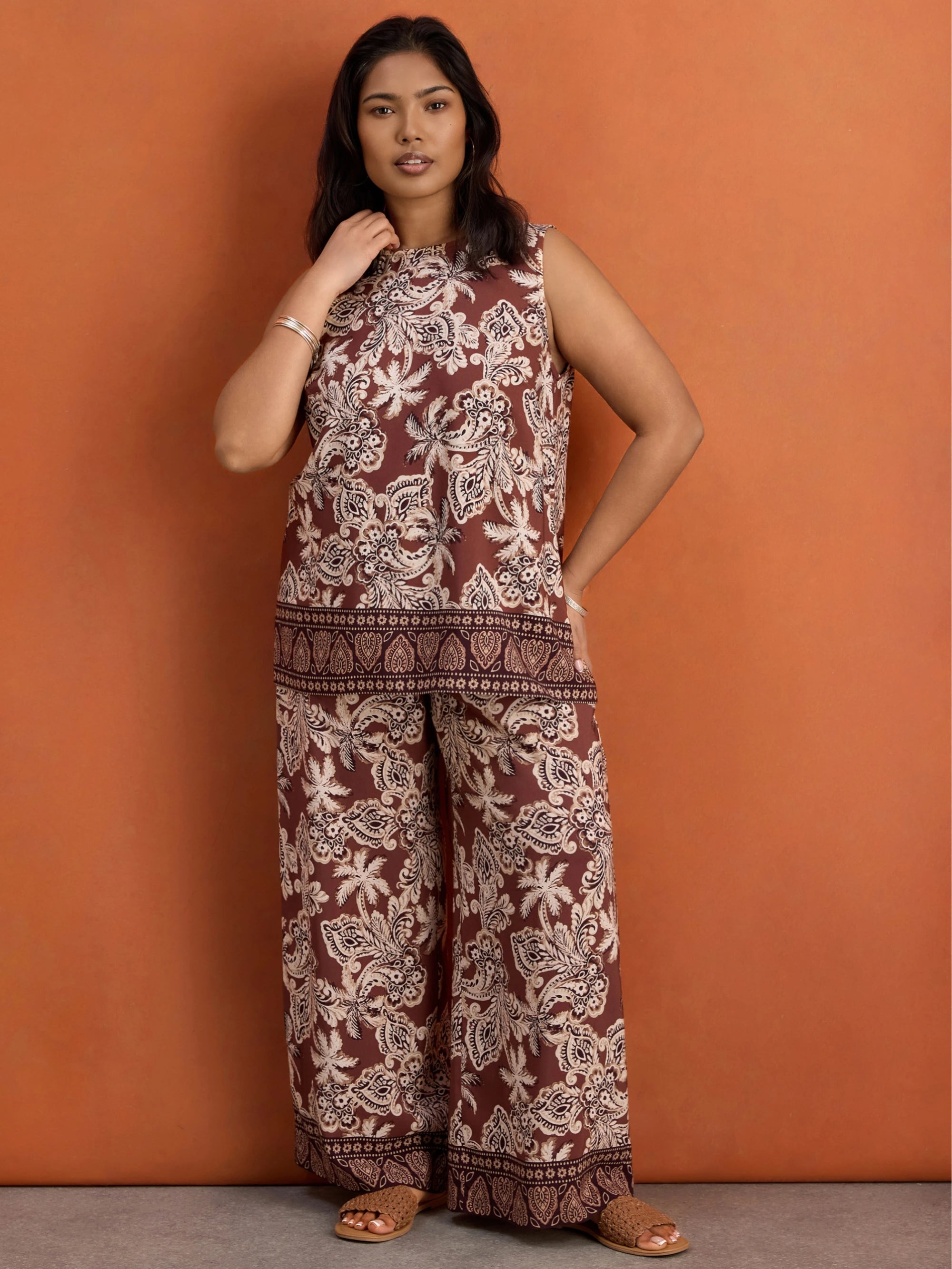 Brown Paisley Border Print Wide Leg Trousers