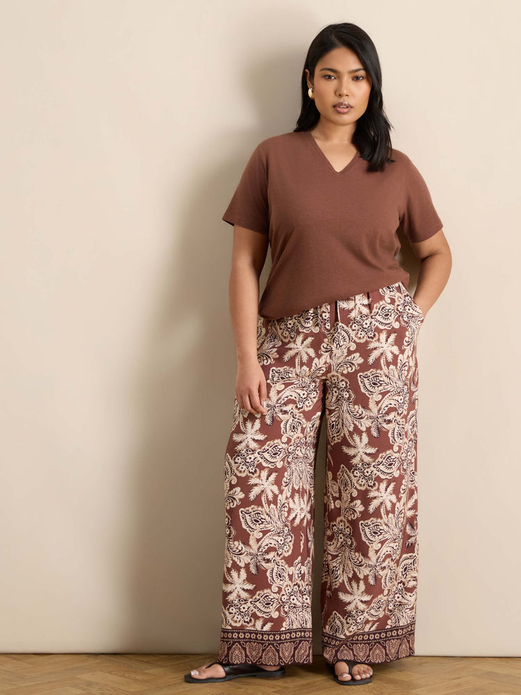 Brown Floral Drawstring Wide Leg Trousers