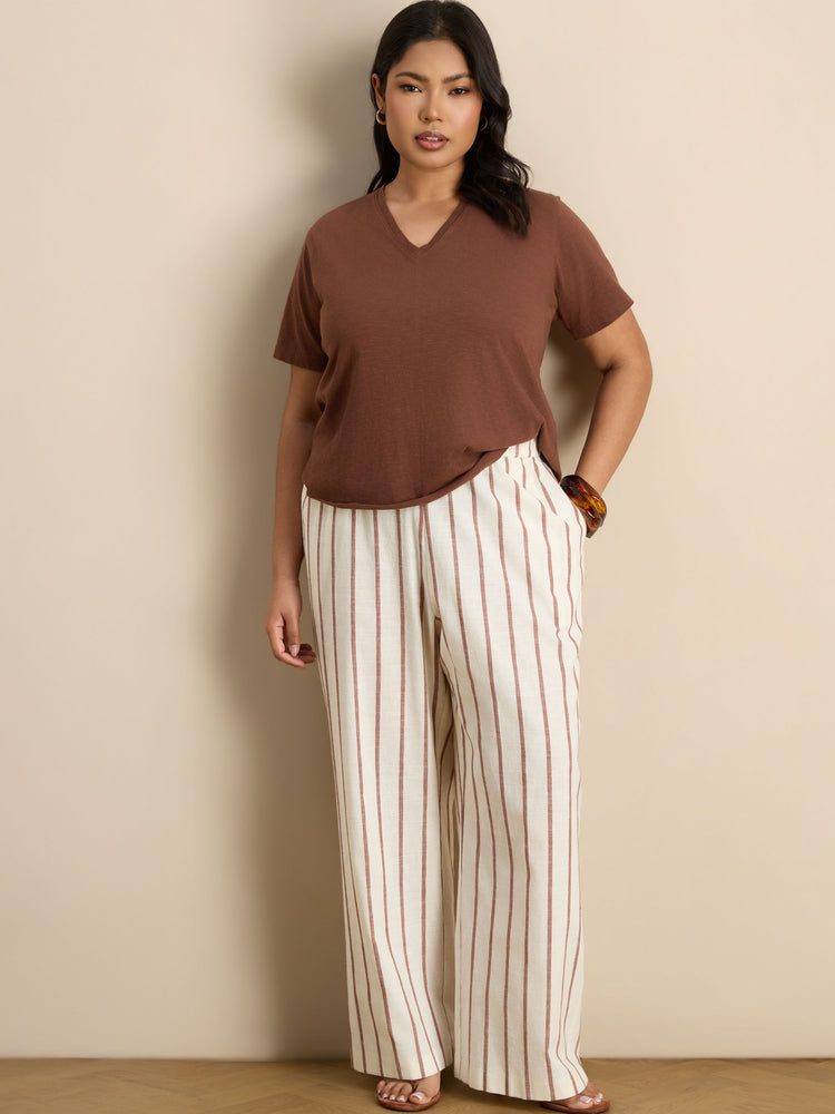 Oatmeal Striped Linen Blend Wide Leg Trousers