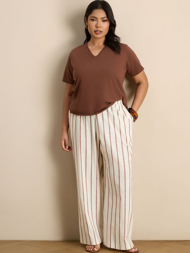 Oatmeal Striped Linen Blend Wide Leg Trousers