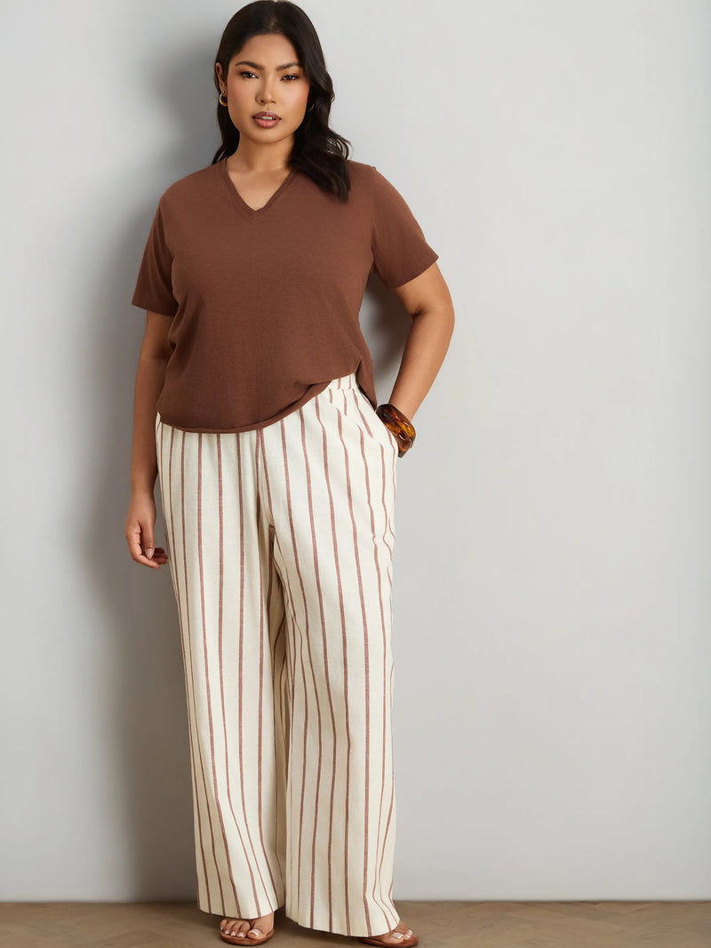 Oatmeal Striped Linen Blend Wide Leg Trousers