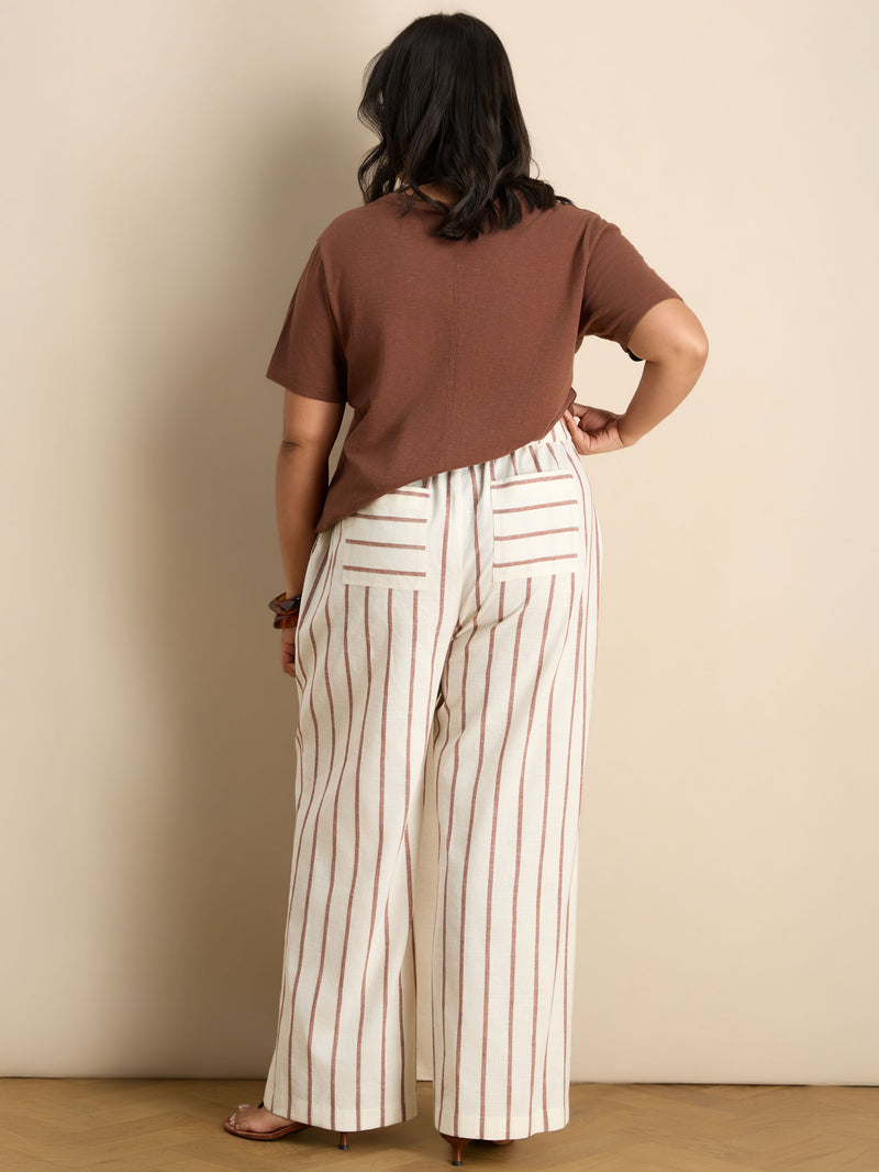 Oatmeal Striped Linen Blend Wide Leg Trousers