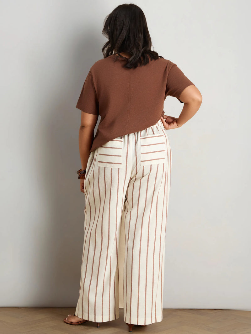 Oatmeal Striped Linen Blend Wide Leg Trousers