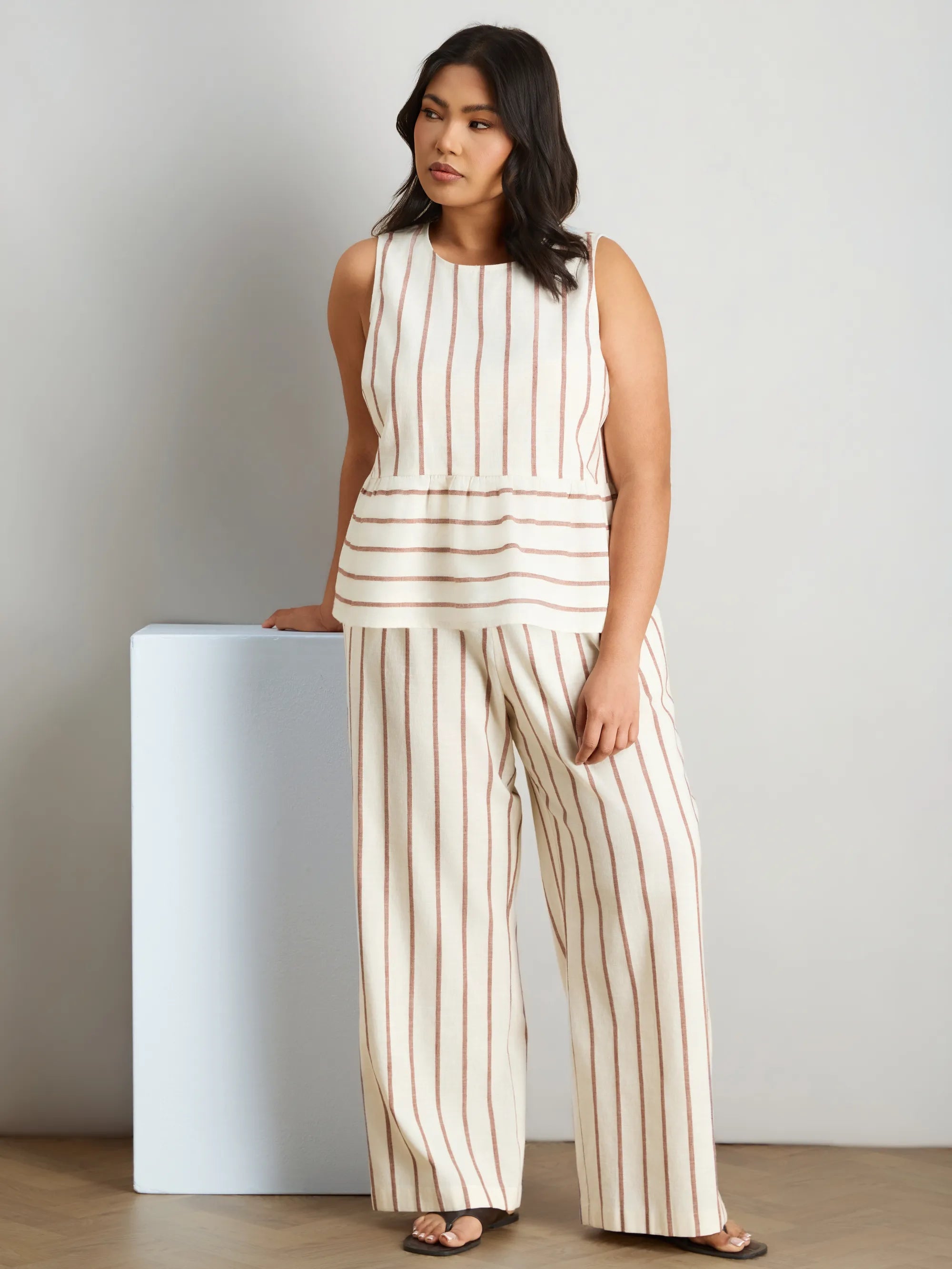 Oatmeal Striped Linen Blend Wide Leg Trousers