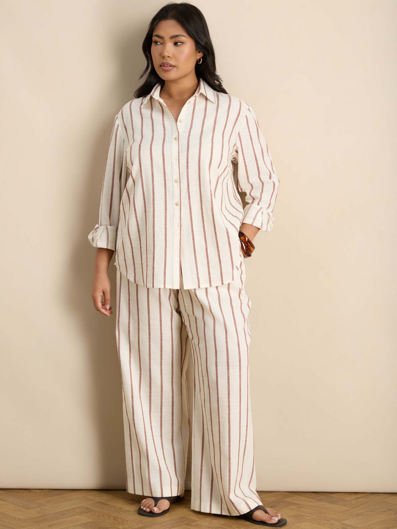 Oatmeal Striped Linen Blend Wide Leg Trousers