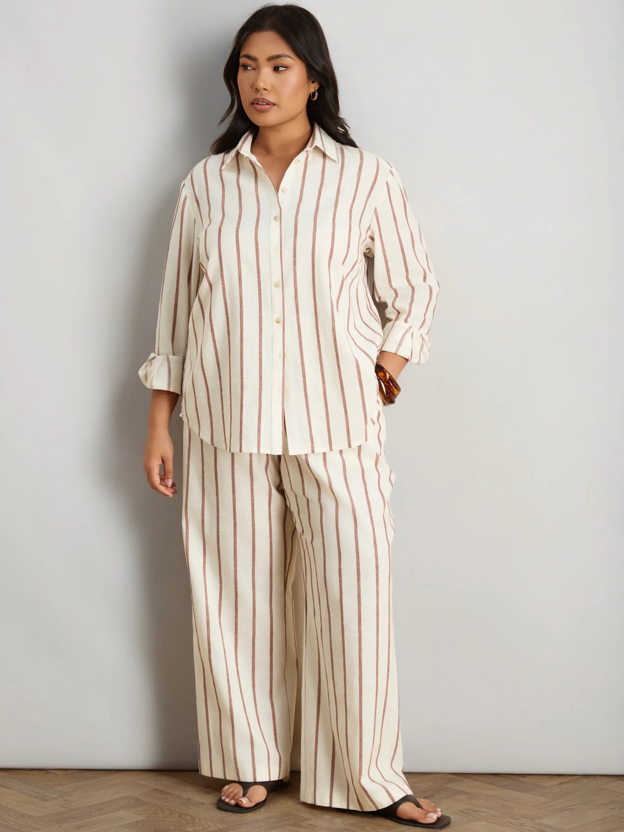 Oatmeal Striped Linen Blend Wide Leg Trousers