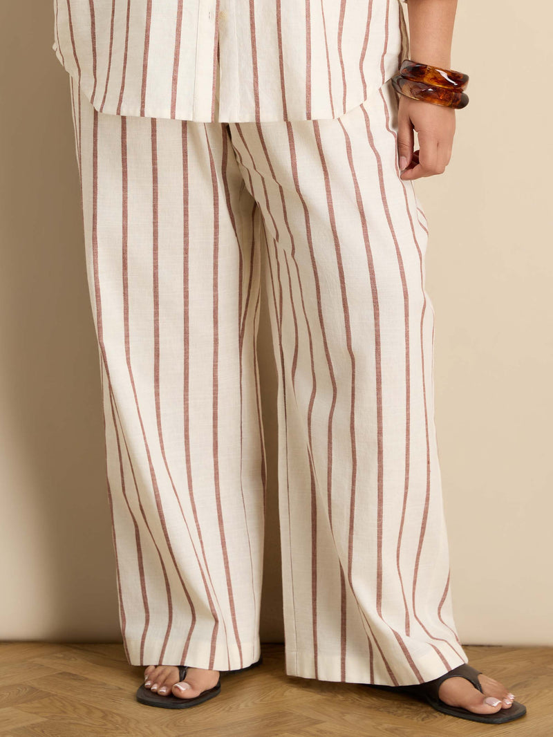 Oatmeal Striped Linen Blend Wide Leg Trousers
