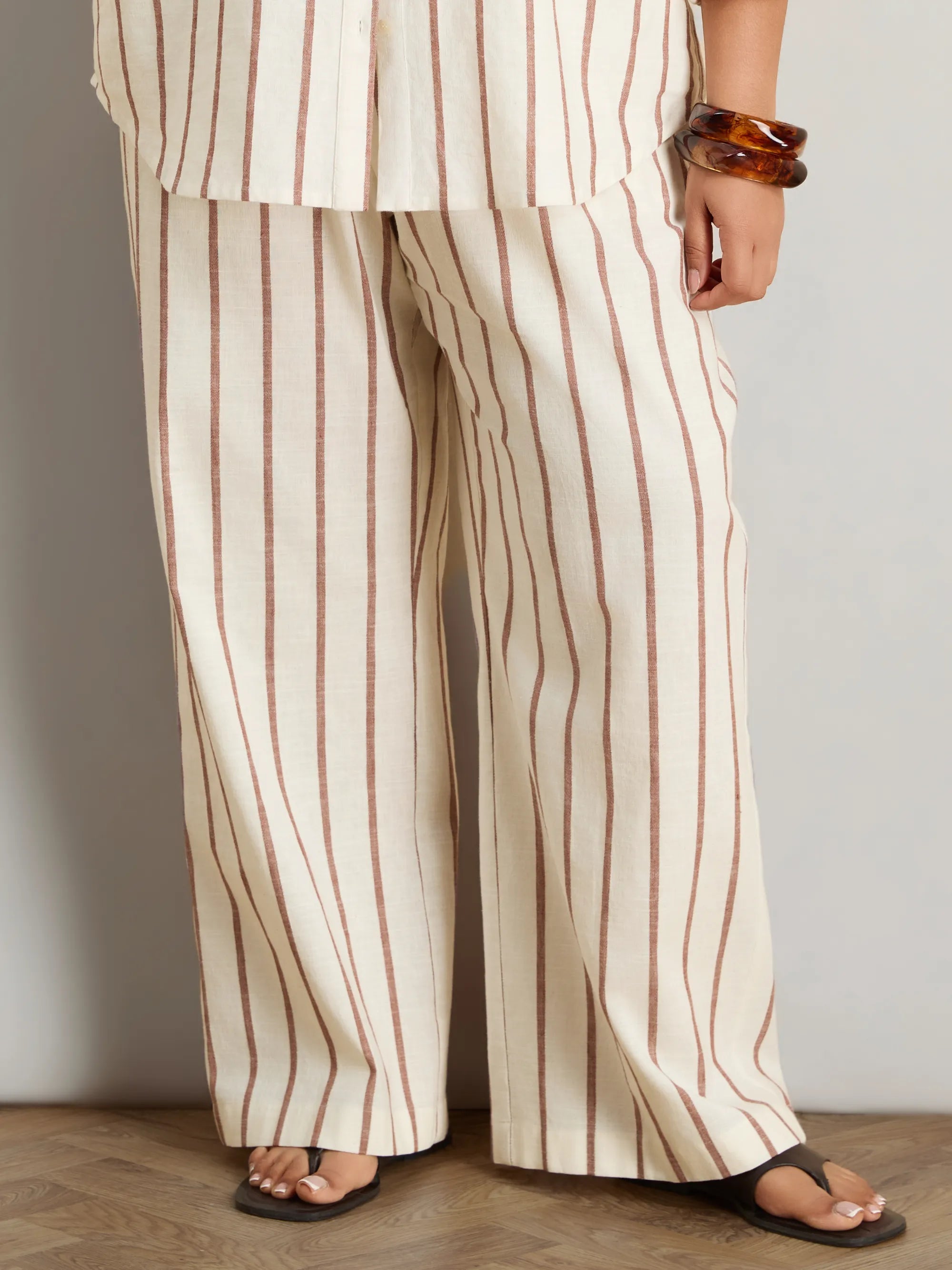 Oatmeal Striped Linen Blend Wide Leg Trousers