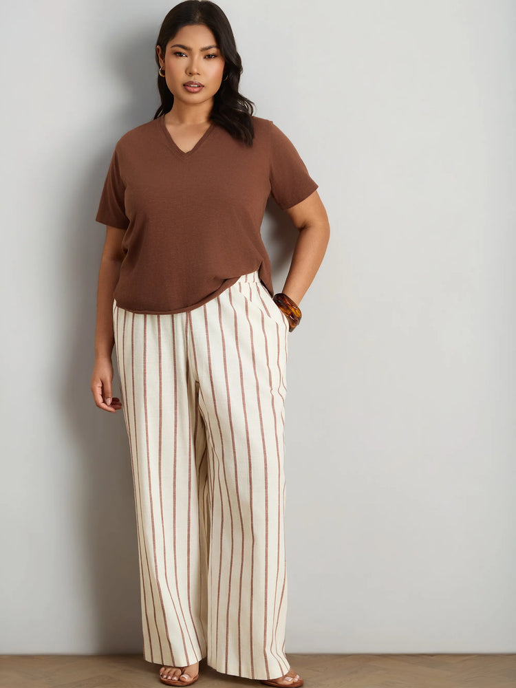 Oatmeal Striped Linen Blend Wide Leg Trousers