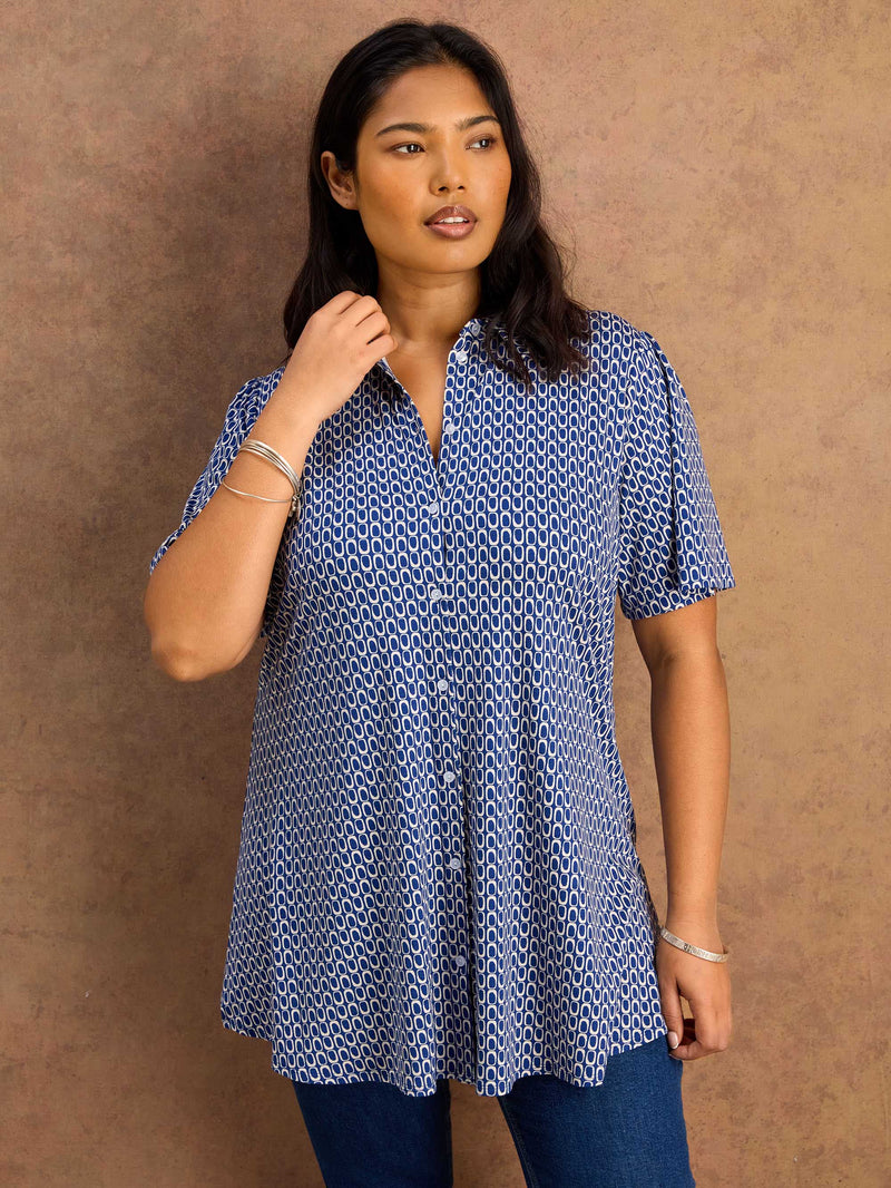 Petite Blue Geo Print Short Sleeve Jersey Shirt