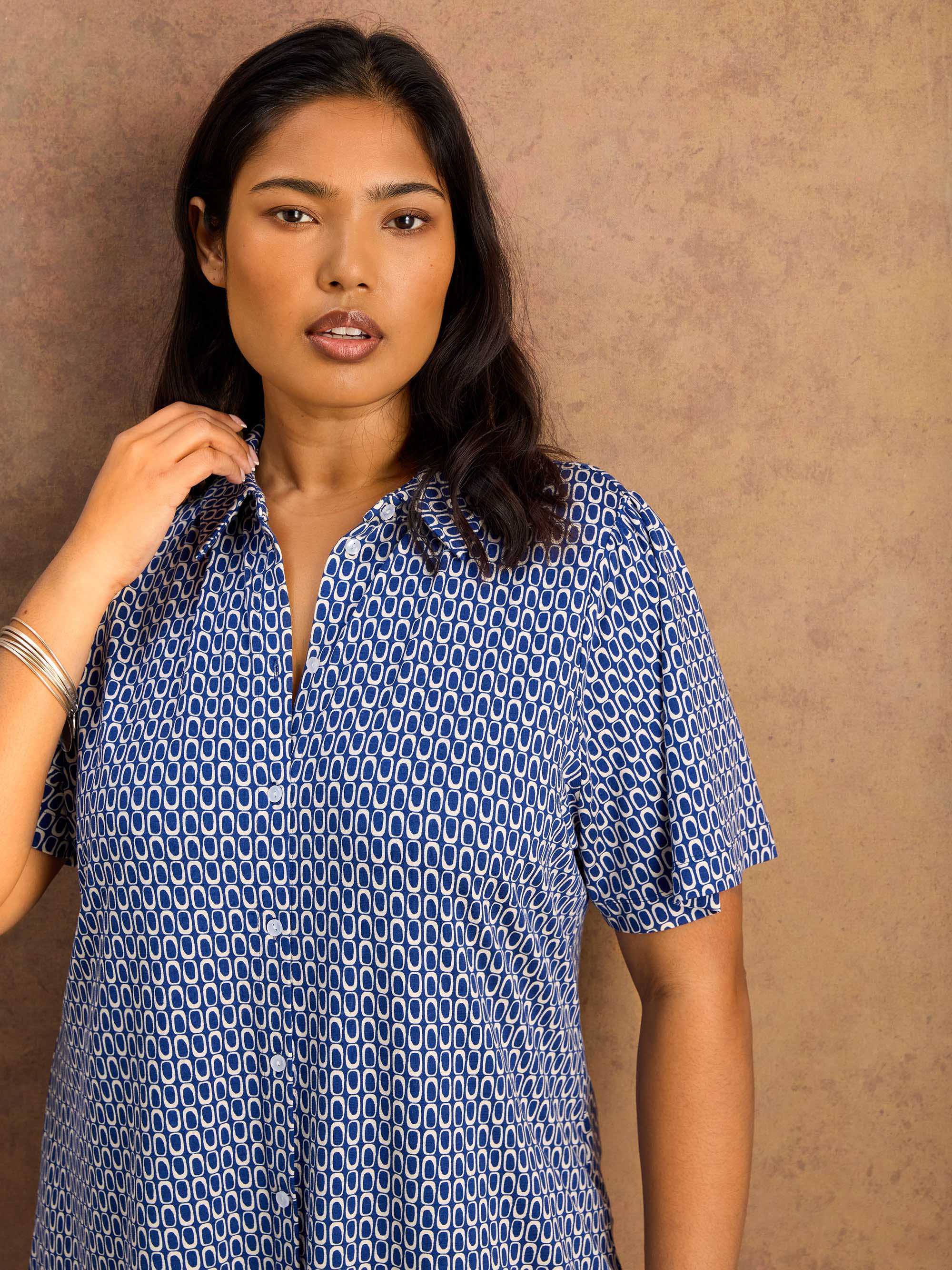 Petite Blue Geo Print Short Sleeve Jersey Shirt