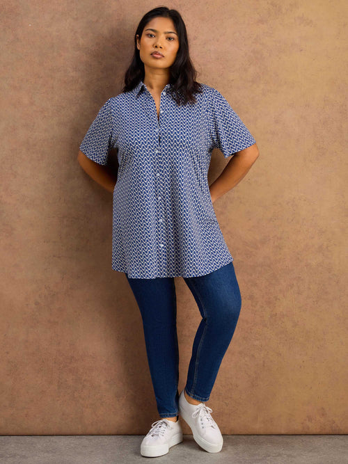 Petite Blue Geo Print Short Sleeve Jersey Shirt