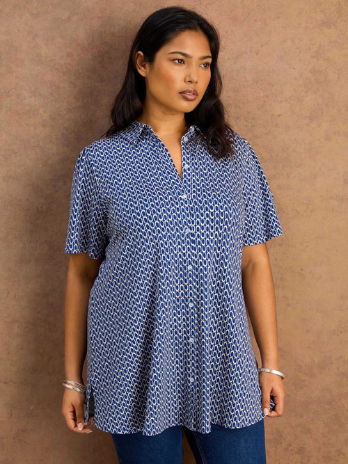 Petite Blue Geo Print Short Sleeve Jersey Shirt